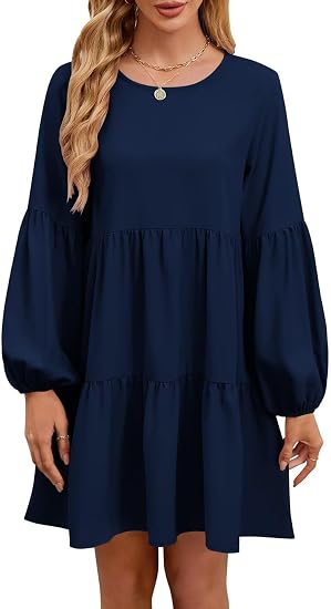 Women 2026 Crew Neck Long Lantern Sleeve Casual Loose Flowy Swing Shift Dress