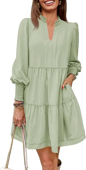 Womens Fall Long Sleeve Tunic Dress Casual V Neck Loose Ruffle Tiered Dress