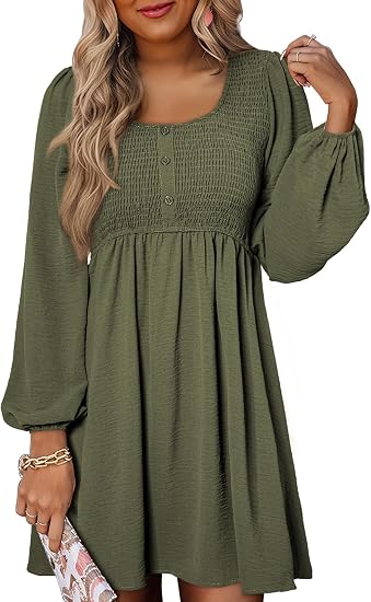 Women 2026 Casual Long Sleeve Mini Dress | Smocked Crewneck, Button Up, Empire Waist, A-Line Hem, Baby Doll, Solid Color, Floral Pattern